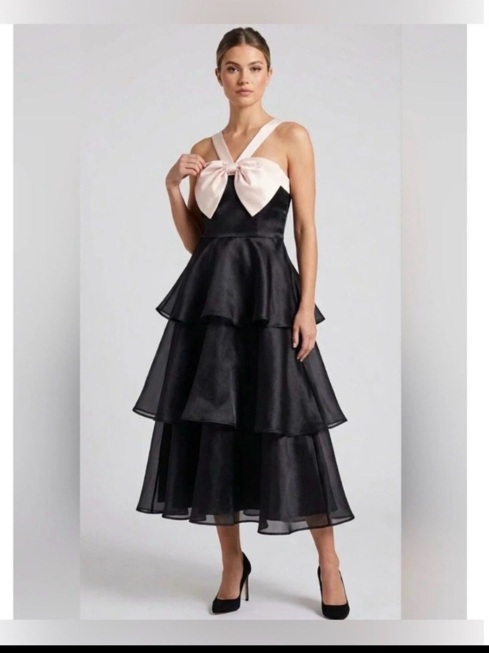 Lulu's Black Tiered Midi Dress with Pale Pink Bow